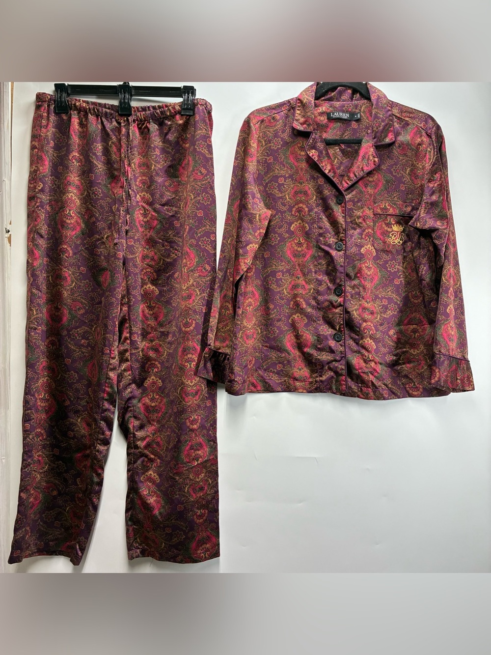 Lauren Ralph Lauren Medium Paisley Satin Pajama Set Maroon Red Burgundy Button